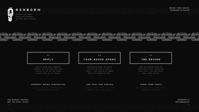 A dark webpage for 'ASHBORN' detailing a process with sections labeled '01 APPLY', '02 YOUR HOUSE OPENS', and '03 THE REVIEW'.