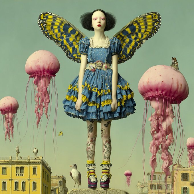 A surreal digital artwork depicting a girl with butterfly wings and a blue dress, surrounded by pink jellyfish and small birds against a cityscape.