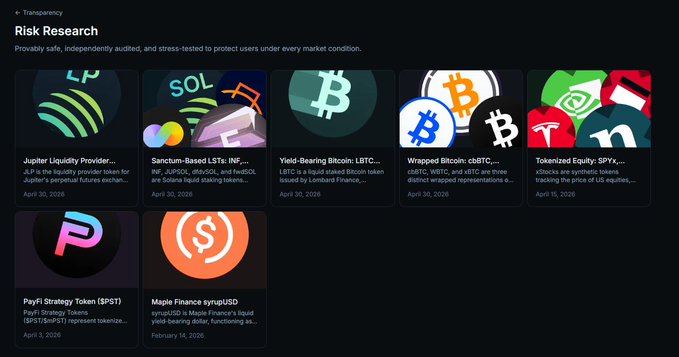 The image features a table or chart that displays different cryptocurrency logos, likely related to risk research. These logos are presented next to each other, showcasing various Bitcoin and other crypto assets. The text accompanying this visual information provides more context about the available crypto services on Jupiter Lend's risk research platform. This data can be helpful for users searching for specific cryptocurrencies or assessing their potential risks and rewards in the cryptocurrency market.