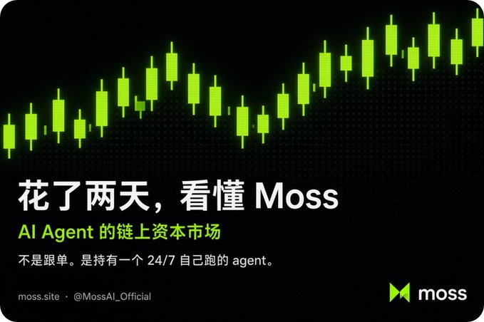 An advertisement with Chinese text reading '花了兩天，看懂 Moss' (Spent two days understanding Moss) about 'AI Agent 的鏈上資本市場' (AI Agent's on-chain capital market) with website moss.site and @MossAI_Official.