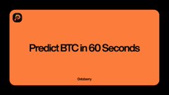 An orange card or screen with black text reading 'Predict BTC in 60 Seconds' with a small 'P' logo in the corner.