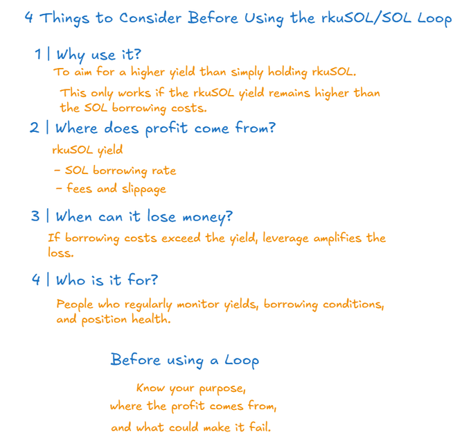 An infographic titled '4 Things to Consider Before Using the rkuSOL/SOL Loop' outlining purpose, profit sources, risks, and target audience for the leveraged strategy.