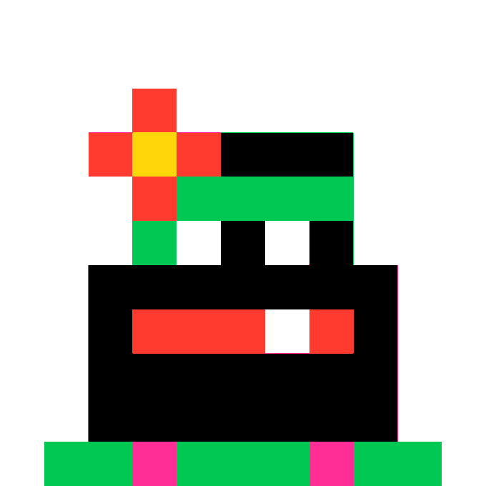 A pixel art image with red, yellow, green, black, white, and pink blocks on a white background, resembling a stylized character or object.