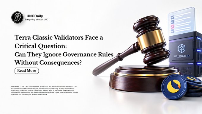 LUNCDaily article titled 'Terra Classic Validators Face a Critical Question: Can They Ignore Governance Rules Without Consequences?' featuring a gavel and validator imagery.