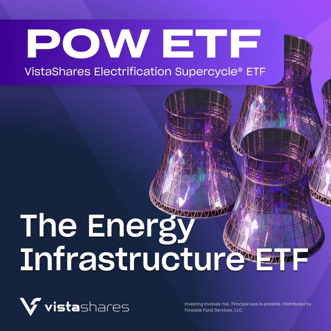 The image shows a purple background with white text that reads "POW EFT" at the top, followed by "vistashares.com/etf/pow/ Investing involves risk. Principal loss". The image also features four large towers of varying sizes and shapes, which are used to generate electricity for data centers or other facilities. These towers are purple in color and appear to be made of glass or metal.