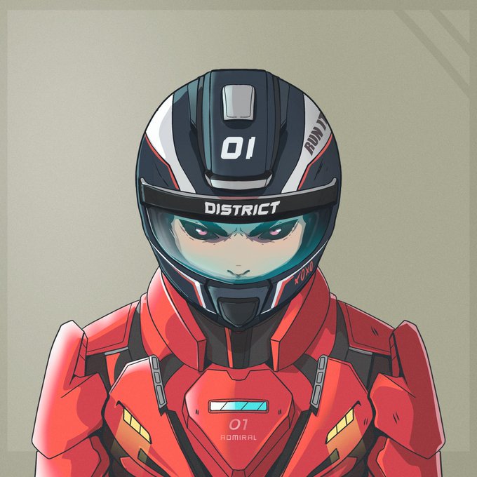A digital illustration of a futuristic figure in red and black armor wearing a helmet labeled 'DISTRICT' with the number '01' and 'ADMIRAL' visible.