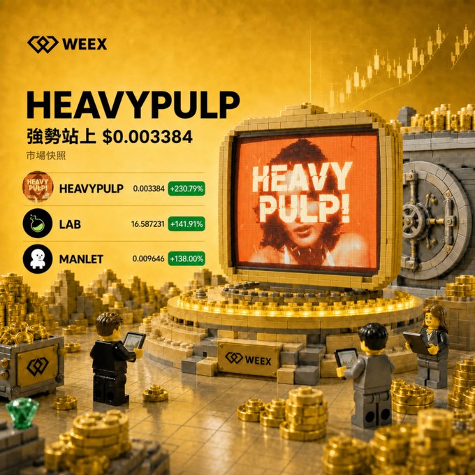 A promotional graphic from WEEX cryptocurrency exchange highlighting HEAVYPULP token at $0.003384, up 230.79%, alongside LAB (+141.91%) and MANLET (+138.00%), featuring a lego-style character scene with a large screen displaying 'HEAVY PULP!'.