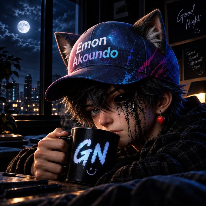 Anime-style illustration of a sad character with cat ears wearing a galaxy-print cap reading 'Emon Akoundo', holding a mug marked 'GN' against a night cityscape, with 'Good Night' and 'Same Grind Different View' written nearby.