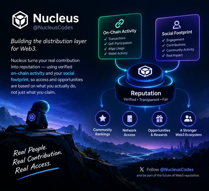 An infographic for @NucleoseCodes titled "Building the distribution layer for Web3," illustrating how on-chain activity and social footprint combine into reputation, leading to community rankings, network access, opportunities, and rewards.