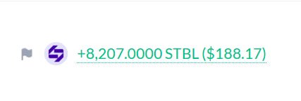 A screenshot showing a positive gain of '+8,207.0000 STBL ($188.17)' next to a purple logo with a flag icon.