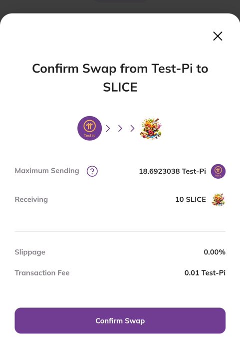 A cryptocurrency swap confirmation screen showing the exchange of 18.69 Test-Pi (Pi Network) for 10 SLICE tokens, with a 0.00% slippage and 0.01 Test-Pi transaction fee.