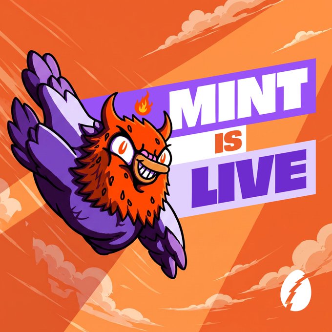 A vibrant illustration features an orange fiery bird with purple wings soaring across an orange sky with clouds, next to bold text reading "MINT IS LIVE." The fiery winged creature serves as the mascot for the Wingston NFT collection, announcing the launch of their mint on OpenSea.