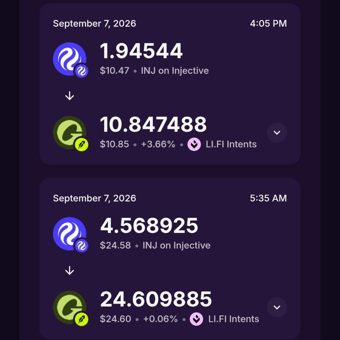 A mobile app screenshot showing cryptocurrency swap transactions dated September 7, 2026, converting INJ (Injective) to LIFI Intents at rates like 1.94544 INJ for $10.47 and 4.568925 INJ for $24.58.
