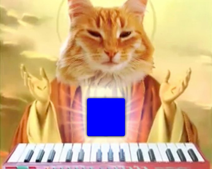 A humorous edited image of an orange cat styled as a religious figure with a halo, sitting at a keyboard with a blue square in front of it.