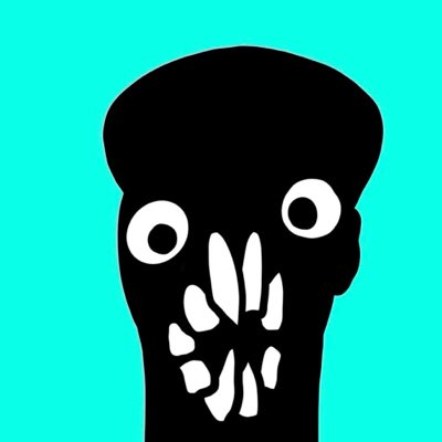 A black figure wearing a bald cap presents as a quirky and cartoon-like drawing.   Social media accounts typically use these kinds of images as avatars or profile pictures, giving users a way to express themselves visually through an image.