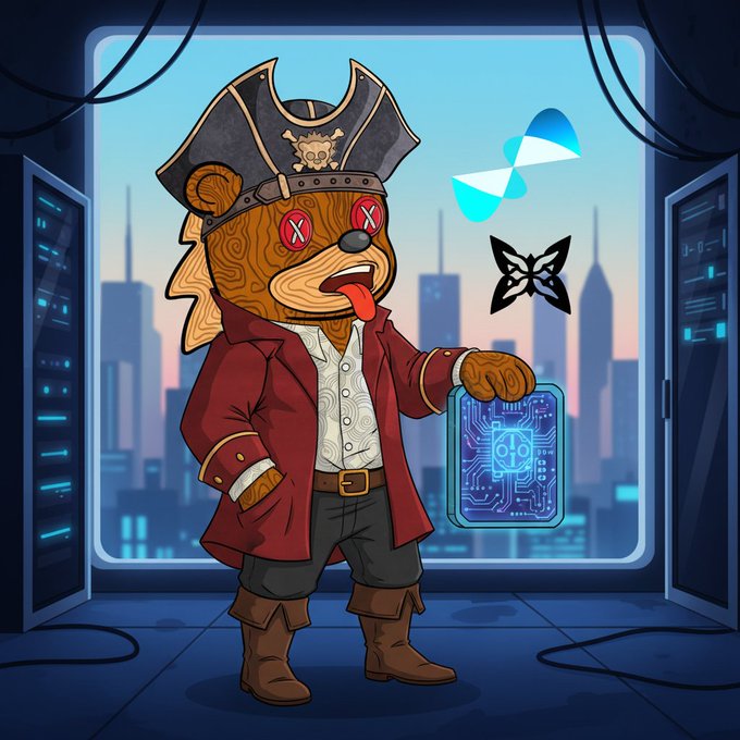 A cartoon monkey dressed as a pirate with an 'X' eye holds a glowing circuit board, with cryptocurrency logos floating nearby against a city skyline backdrop.
