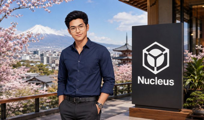 A young man in a blue shirt stands on a balcony with Mount Fuji and cherry blossoms in the background, next to a sign displaying the 'Nucleus' logo.