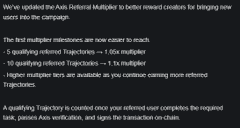 A black text box announces an update to the 'Axis Referral Multiplier' to bring new users into the campaign, detailing new milestone rewards of 1.55x and 1.75x for higher multipliers and signs off with '-Axis Team'.
