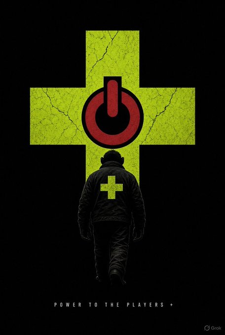 A dark poster showing a person from behind facing a glowing yellow cross with a red power symbol, tagged "POWER TO THE PLAYERS +" by Grok.