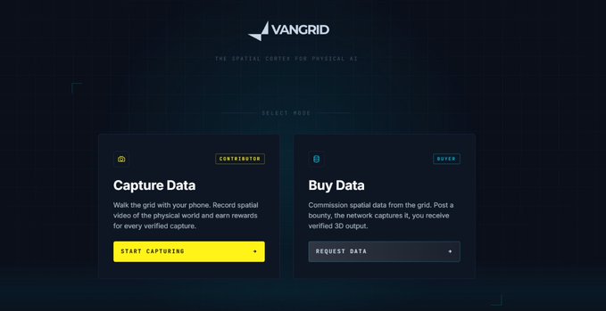 The image shows the VanGrid platform interface ("THE SPATIAL CENTER FOR PHYSICAL AI") featuring two role-selection panels: "Capture Data" for Contributors to walk the grid and record spatial video for rewards, and "Buy Data" for Buyers to commission verified 3D output. This visually illustrates the post's concept of transforming everyday phones into a distributed sensor network that captures real-world spatial data where satellites can't reach.