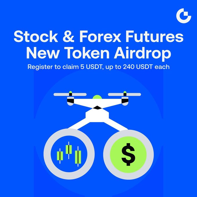 A blue promotional graphic featuring a drone illustration with circular screens displaying a dollar symbol and stock bars, promoting a "Stock & Forex Futures New Token Airdrop" offering 5 USDT upon registration and up to 240 USDT in rewards. The "G" logo in the top right and the accompanying text indicates this is an ad for the new futures trading pairs like $MSTU, $OKLO, and $JEPQ with welcome and daily check-in rewards.