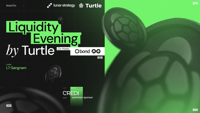 An event banner for 'Liquidity Evening by Turtle' hosted at L7 Gangnam, co-hosted by Obond and 0G, with CREDI as a premium sponsor.