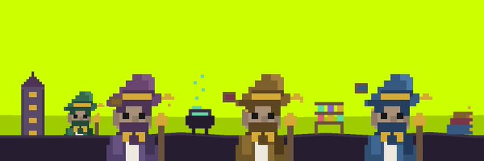 Pixel art scene featuring characters in wizard-style hats and robes, one smaller figure in green, with various objects like a cauldron, bookshelf, and tower against a yellow background.