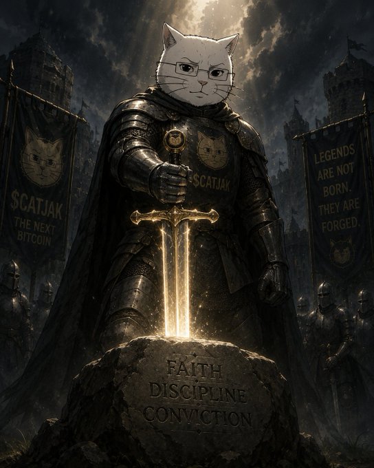 A cat-headed knight in dark armor stands triumphantly with a glowing sword plunged into a stone engraved with "FAITH DISCIPLINE CONVICTION," flanked by banners reading "$CATJAK THE NEXT BITCOIN" and "LEGENDS ARE NOT BORN. THEY ARE FORGED." The image reinforces the post's bullish sentiment on $CATJAK, framing dips as opportunities through the lens of a steadfast, battle-hardened warrior committed to conviction.