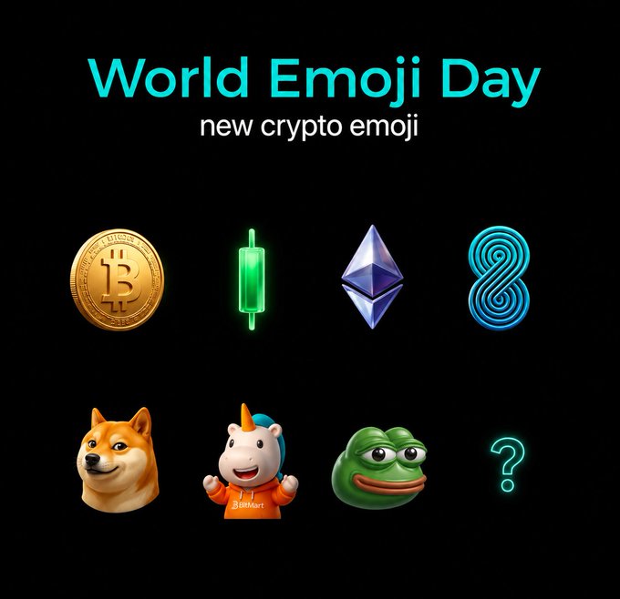 The image celebrates World Emoji Day by showcasing a collection of eight crypto-themed emojis, including a Bitcoin coin (₿), a green candlestick chart, the Ethereum diamond logo, a stylized "8," a Shiba Inu (Doge), a BMbMart unicorn mascot, a Pepe frog, and a question mark. The header text reads "World Emoji Day - new crypto emoji," aligning with the post's invitation for followers to comment their favorite emoji from the new lineup.