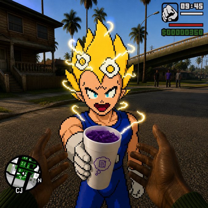A video game screenshot styled like GTA, featuring a pixelated Super Saiyan character surrounded by electricity, holding a cup of purple boba tea, with a HUD showing "$00000350" and "09:45".