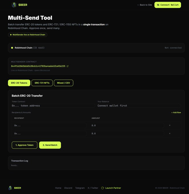 Screenshot of the $BEER Multi-Send Tool interface on Robinhood Chain, featuring a batch ERC-20 transfer form for sending tokens to multiple recipients.