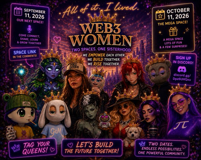 Promotional graphic for 'WEB3 WOMEN' featuring stylized digital art of diverse female characters wearing crowns, with text announcing two dates: 'SEPTEMBER 11, 2026' and 'OCTOBER 11, 2026', including a Discord sign-up link.