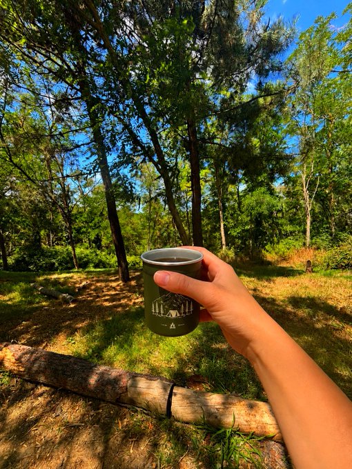 A hand holds a green tumbler featuring a graphic of a cabin in the woods, set against a serene forest backdrop on a sunny day—capturing the essence of taking a real, restorative break in nature.