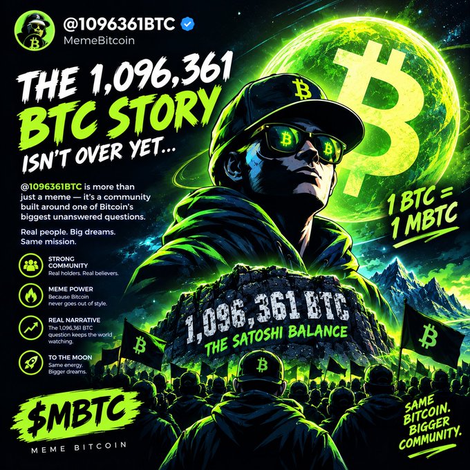 A promotional graphic for '@1096361BTC MemeBitcoin' featuring the text 'THE 1,096,361 BTC STORY ISN'T OVER YET...' alongside '$MBTC' and '1 BTC = 1 MBTC'.