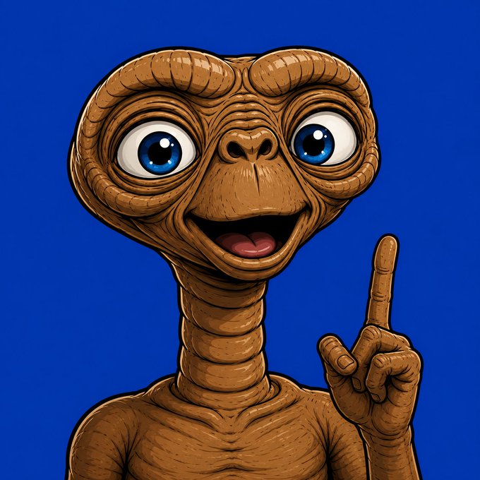 A cartoon illustration of E.T. the Extra-Terrestrial pointing upward with one finger against a solid blue background.