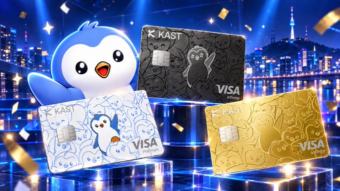A promotional image showcasing three 'KAST' Visa credit cards (Platinum, standard, and Infinite) set against a nighttime cityscape with a blue penguin mascot.