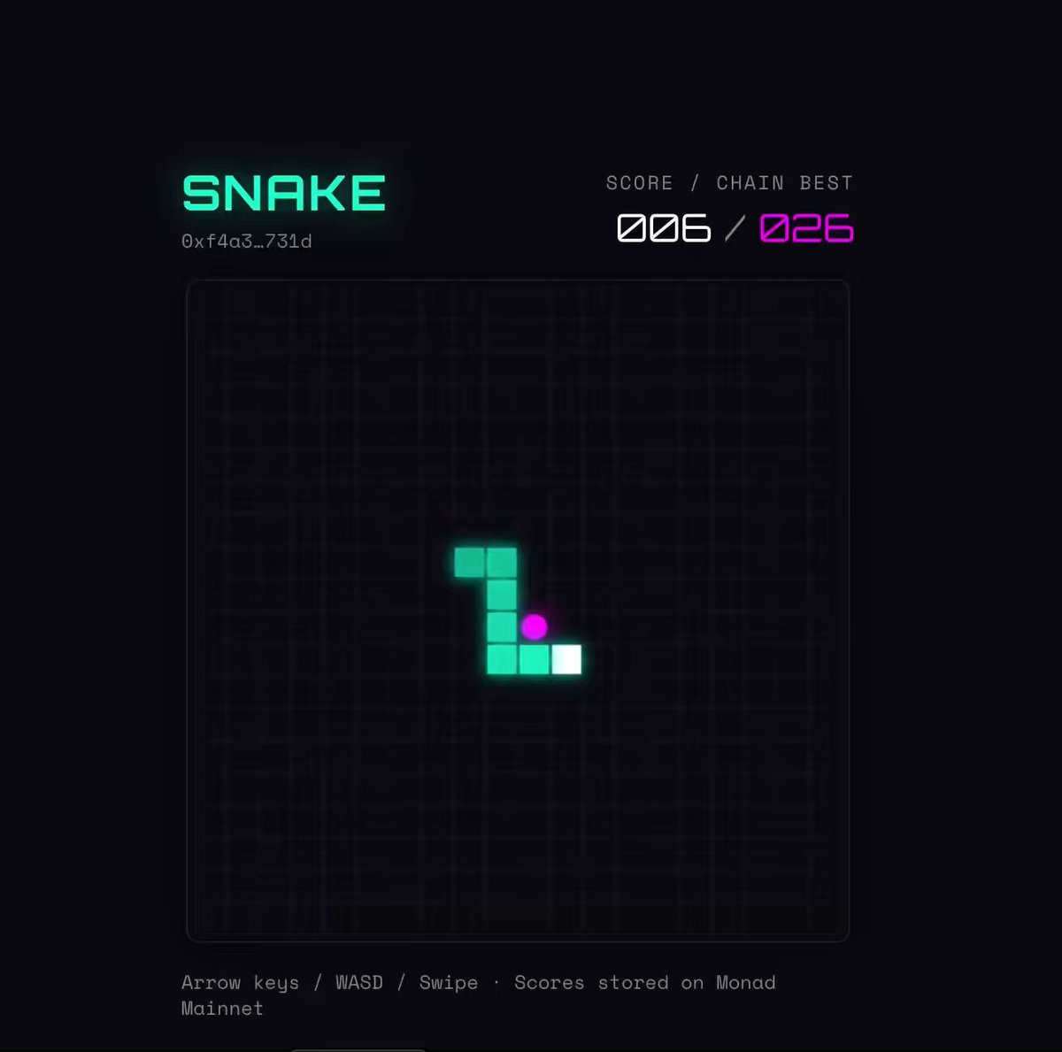 The image features an arcade game called Snake, which is a retro video game that uses blocks as its primary gameplay element. The game has been built into a Web3 experience for fun and entertainment purposes. The image also includes text elements such as "Snake" written in green letters, "chain best" written in purple letters, and the names of the players and their scores.