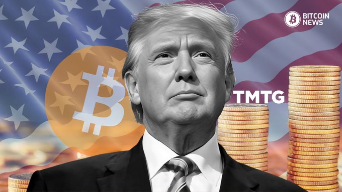 This image depicts Donald Trump with a Bitcoin logo, stacks of coins, and the letters "TMTG" overlaid on an American flag backdrop, visually representing the news that Trump Media sold approximately $165 million worth of Bitcoin.