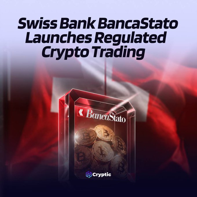 A graphic features the headline "Swiss Bank BancaStato Launches Regulated Crypto Trading" above a stack of gold Bitcoin coins inside a glass block branded with the BancaStato logo, set against a blurred Swiss flag, visually reinforcing the announcement of BancaStato's new partnership with Sygnum to offer regulated crypto trading for Bitcoin, Ethereum, Litecoin, and Solana.