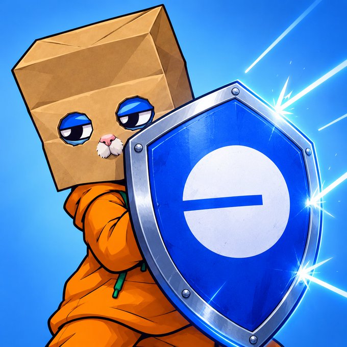 A cartoon character wearing a paper bag over its head with a small cat peeking out, dressed in an orange hoodie and wielding a blue shield emblazoned with a stylized "e" logo, evokes the "Buy Bitcoin" / Coinbase cultural meme while symbolizing the protective, community-driven ethos of the $ZATOSHI token on Base.