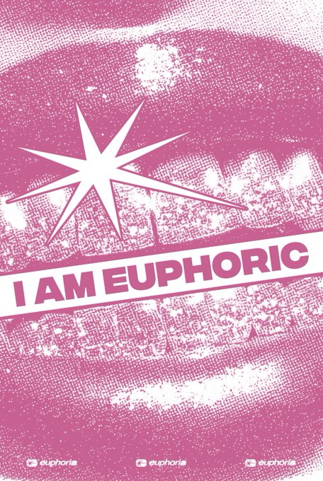 A pink halftone-style promotional graphic featuring a large open mouth with a prominent four-point star, overlaid with the text "I AM EUPHORIC" and the Euphoria logo repeated at the bottom. The bold, vibrant design ties directly to the "Euphoria" brand and the post's contest celebrating a $1,000 weekly winner.