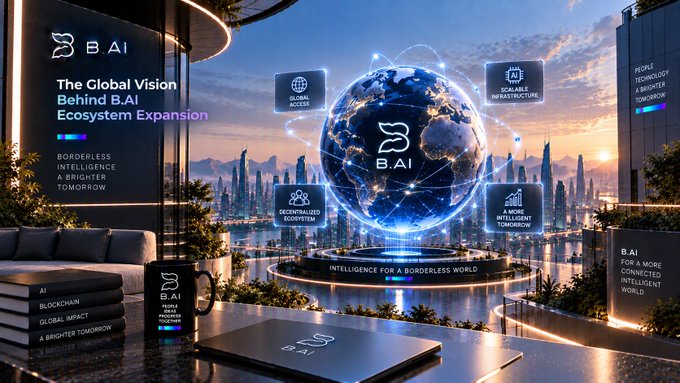 A promotional graphic for B.AI titled "The Global Vision Behind B.AI Ecosystem Expansion," featuring a futuristic cityscape with a holographic globe and the tagline "Intelligence for a Borderless World."