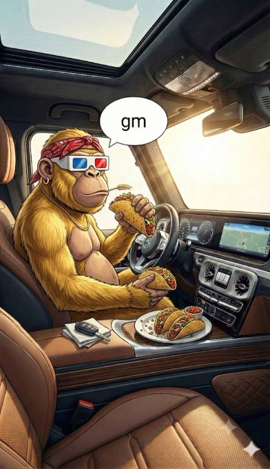 A monkey in 3D glasses and a red bandana sits in a luxury car eating tacos with a speech bubble saying "gm," referencing the crypto greeting. The image adds a quirky, casual vibe to the post's serious message about @quipnetwork's post-quantum cryptography solution for blockchain security.