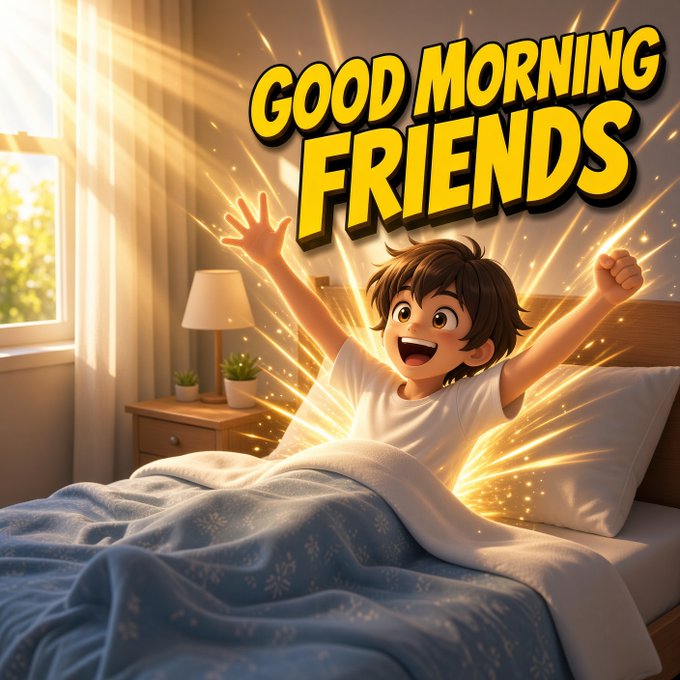 An animated cartoon boy joyfully waking up in bed with arms raised, wearing a white t-shirt under blue star-patterned blankets, with a bright 'GOOD MORNING FRIENDS' text overlay in yellow comic-style lettering.