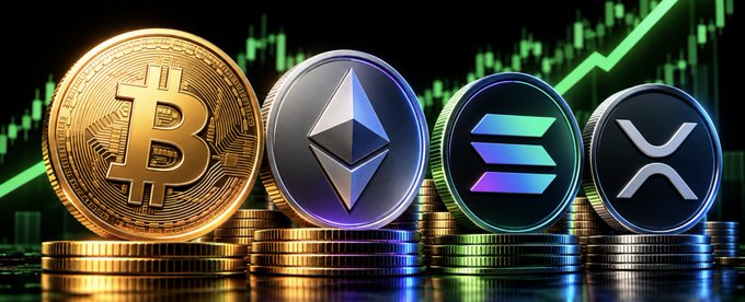 A digital illustration showing cryptocurrency coins including Bitcoin (BTC), Ethereum (ETH), Solana (SOL), and XRP stacked against a green candlestick chart with an upward trending arrow.