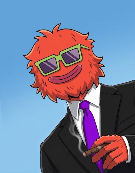 A cartoon illustration of a red furry monster character wearing green sunglasses, a black suit, and a purple tie while smoking a cigar.