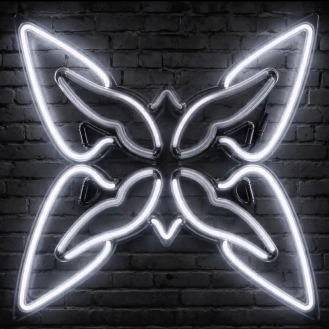 A bright white neon light shaped like a butterfly or symmetrical emblem mounted on a dark brick wall.