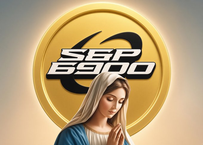 A religious-themed graphic showing a praying woman in a white veil with a blue robe, positioned in front of a large gold coin bearing the 'SPX 6900' logo.
