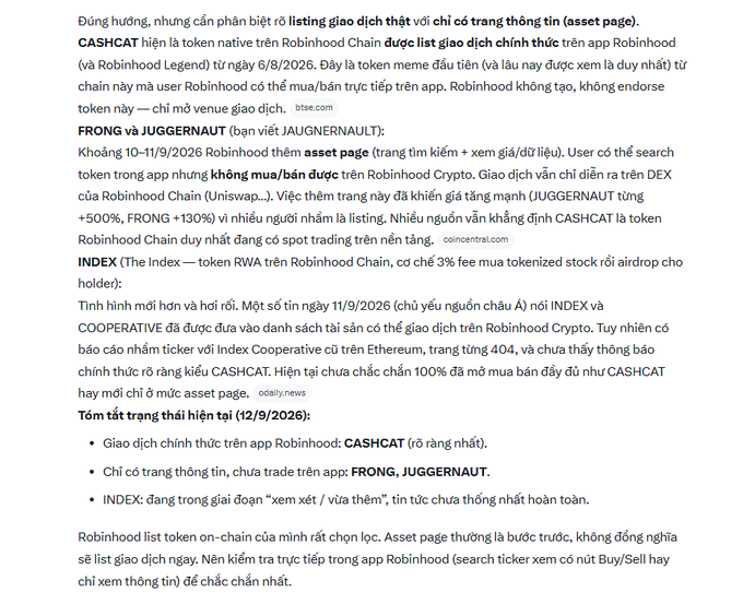 A Vietnamese-language crypto informational post explaining that $CASHCAT is the only token officially listed for trading on the Robinhood app (since 6/8/2026), while clarifying that $FRONG and $JUGGERNAUT (JUGGERNAUT) only have asset pages on the app and $INDEX is still unconfirmed as an RWA token—aligning with the accompanying post's recommendation to prioritize $INDEX, $JUGGERNAUT, and $FRONG as alternative entries to the Robinhood Chain ecosystem.