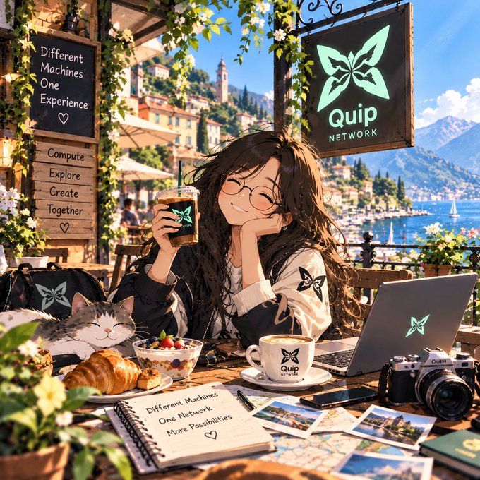 An anime-style illustration of a young woman with glasses sitting at a café table enjoying an iced coffee, surrounded by items including a cat, laptop with 'Quip' branding, and a notebook reading 'Different Machines One Network More Possibilities'.